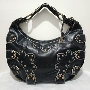 Isabella Fiore Black Leather Studded Braided Hobo Shoulder Bag Boho Western Chic